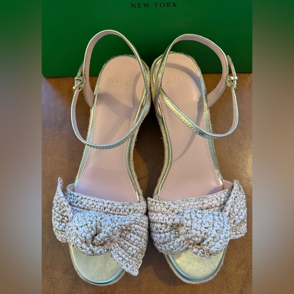 Kate Spade Women LEATHER Bow Strap Espadrille Wedge Platform Sandal 9.5 B GOLD - Picture 5 of 9